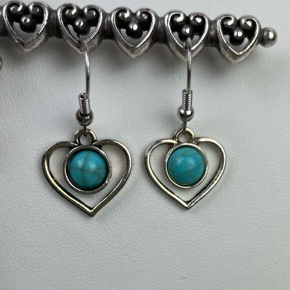 Heart Shape Silver Dangle Earrings With Round Turquoise Center Stone - Picture 4 of 5